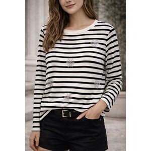 Talbots Plus Size 1X Black White Stripe Snowflake Long Sleeve Cotton Shirt